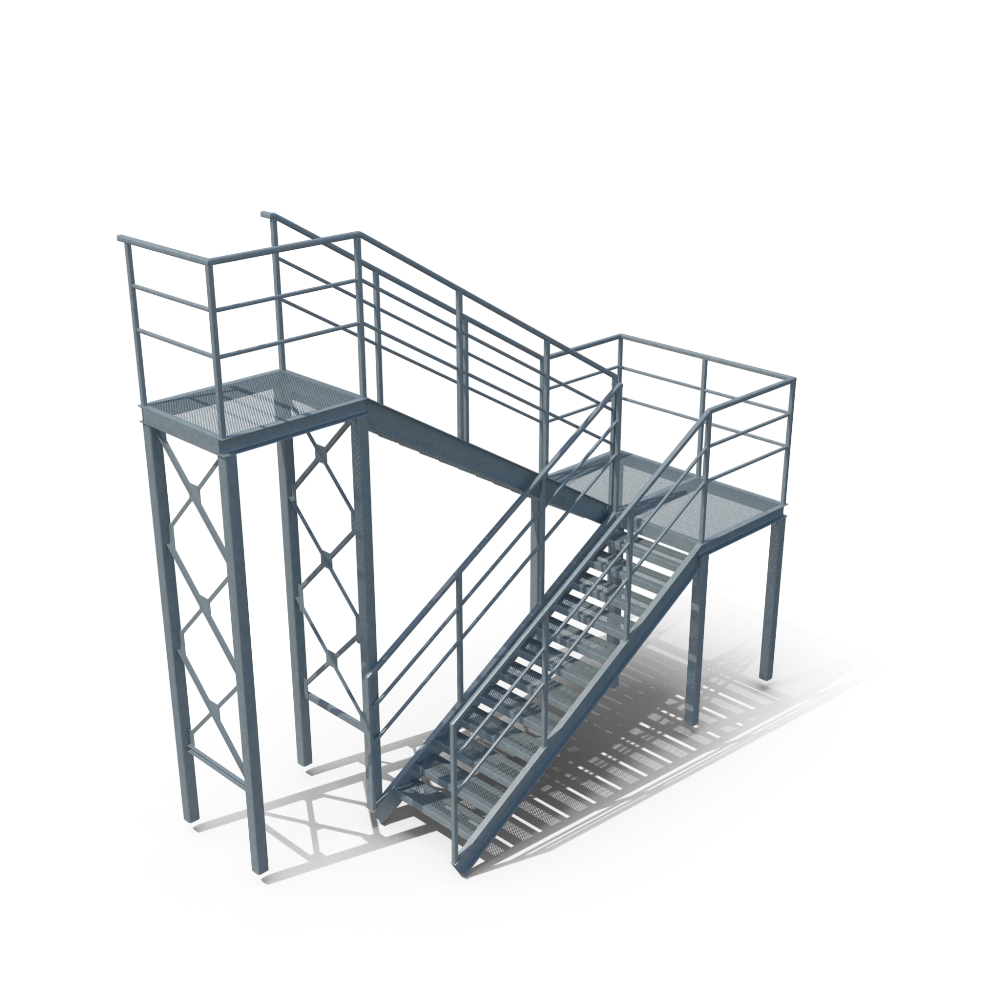 An industrial-style external staircase in galvanized steel with landings, platforms and railings for outdoor use
